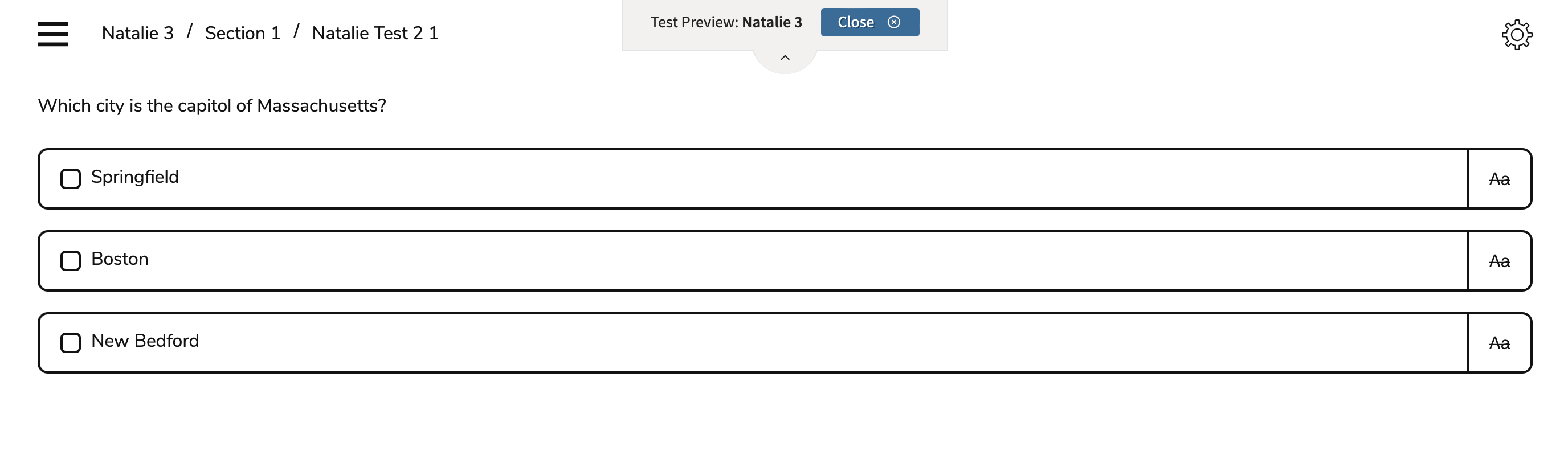 Previewing a test in TAO Advance