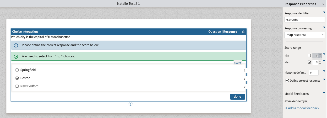 Map response (partial credit) in the Response Properties Panel