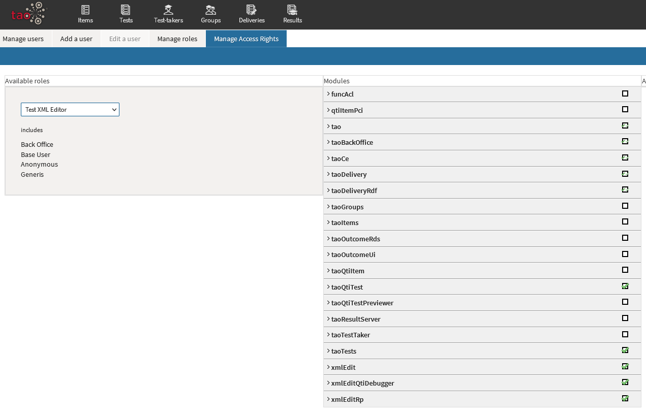 Granting permissions to Test XML Editor user