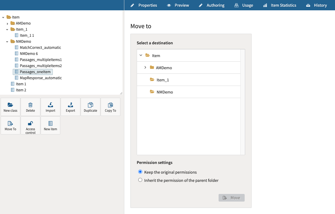 Moving an item in the item library