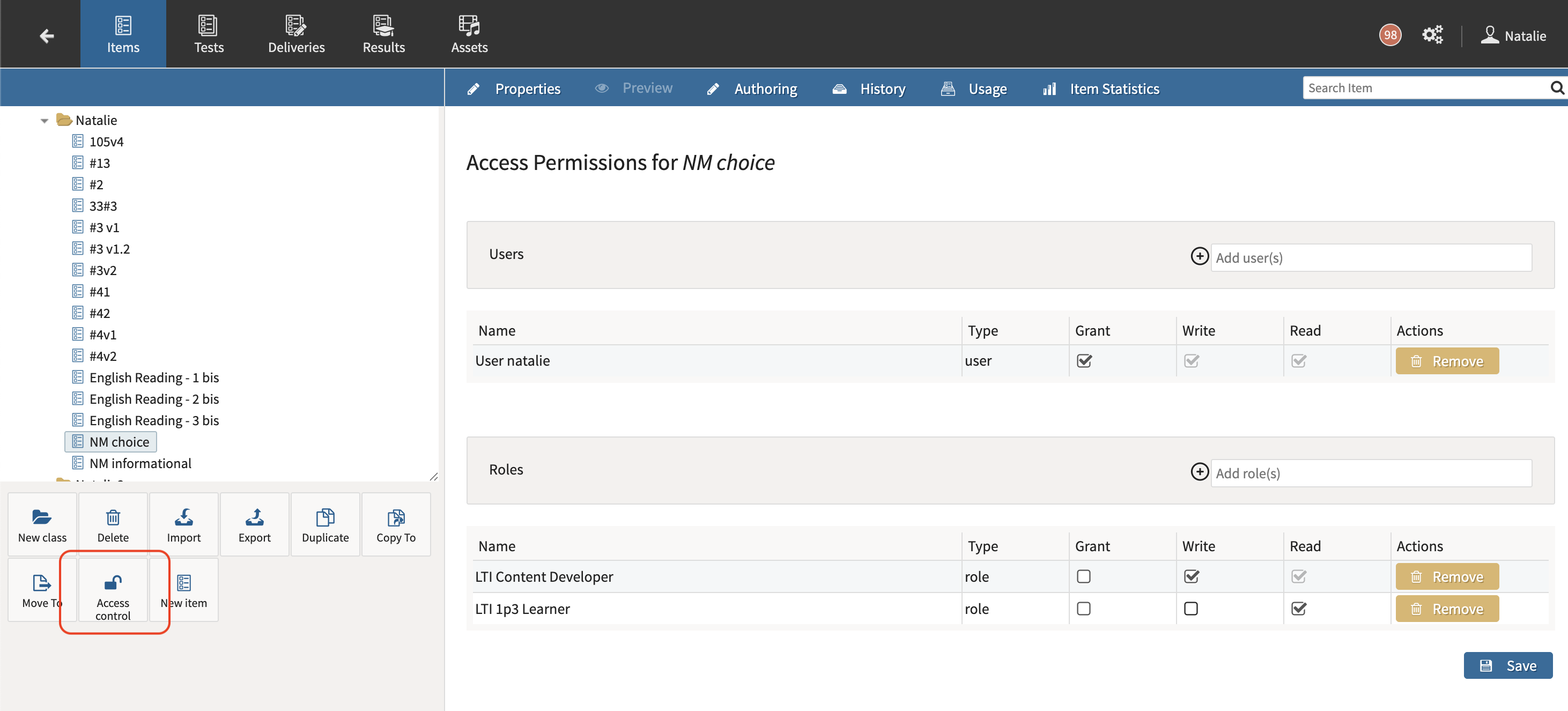 Configuring access control for an item