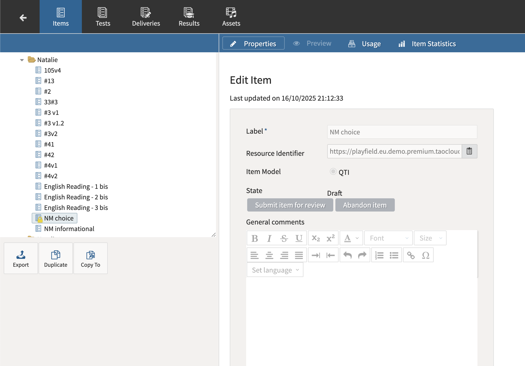 An item with Read-only permissions