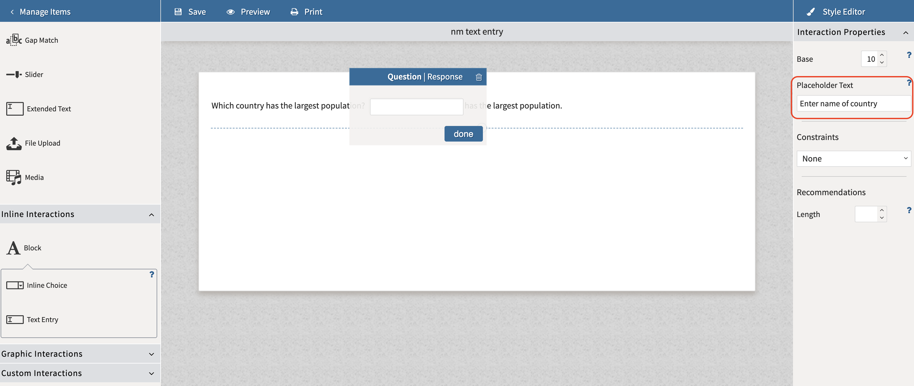 Adding placeholder text to Text Entry interaction