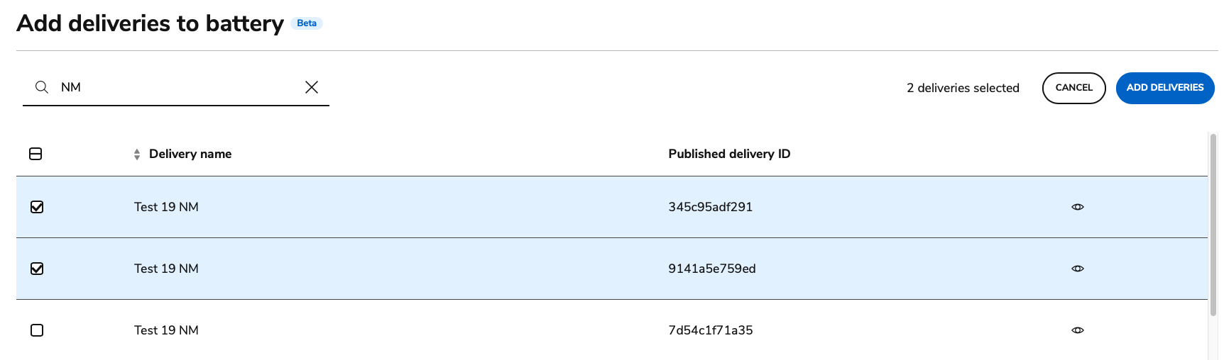 Adding deliveries to a battery