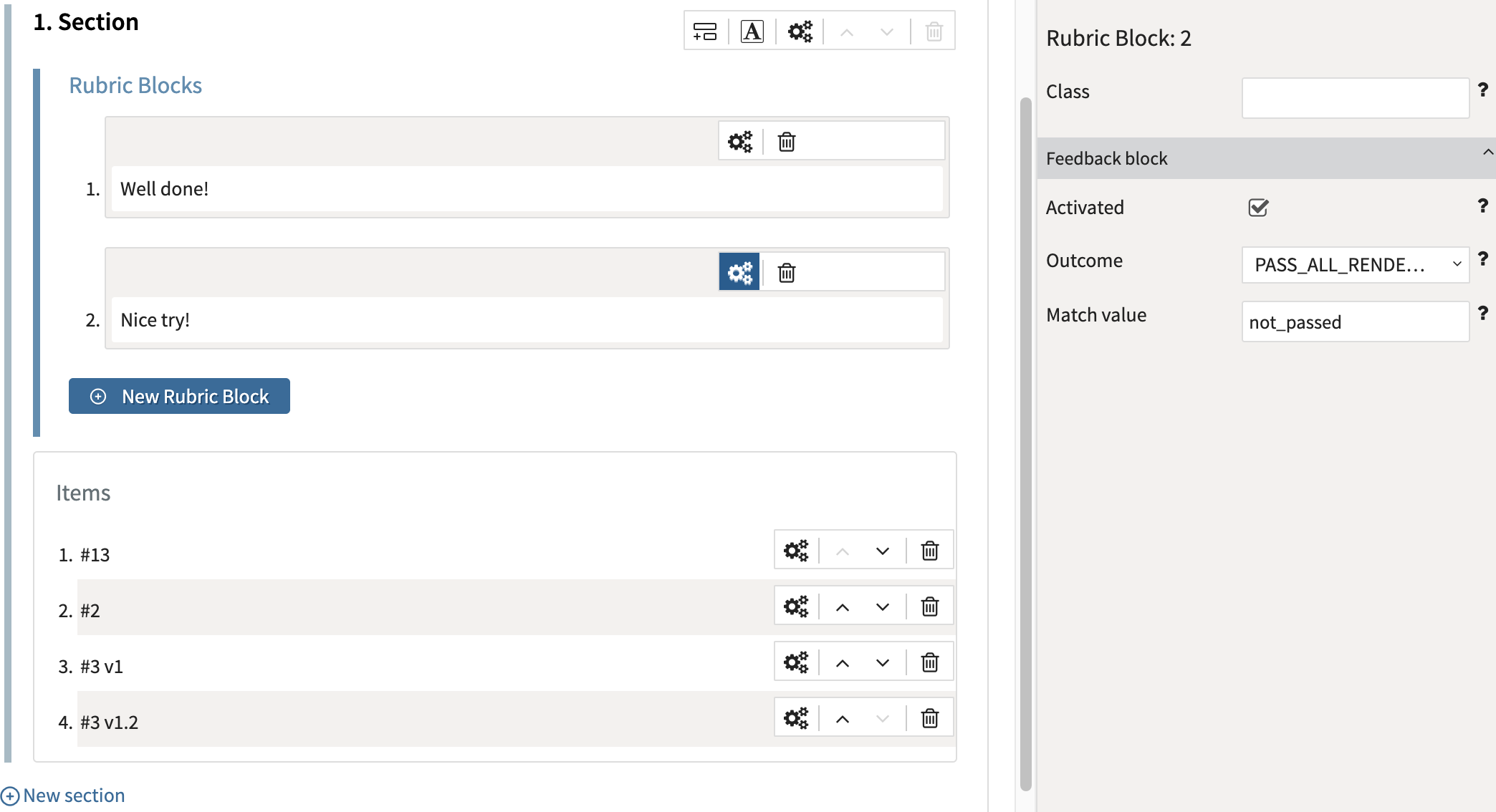 Adding rubric blocks (instant feedback) to a test Section