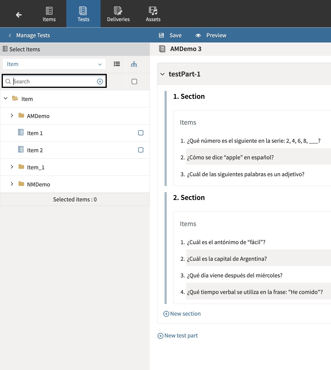 Searching for items in test assembly