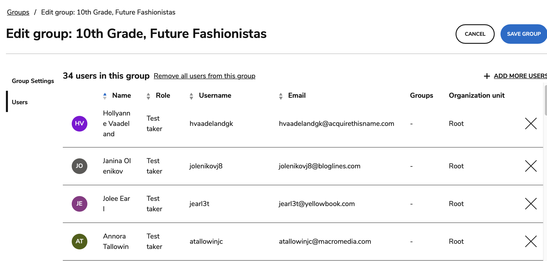 List of created users and their corresponding role (in a group)