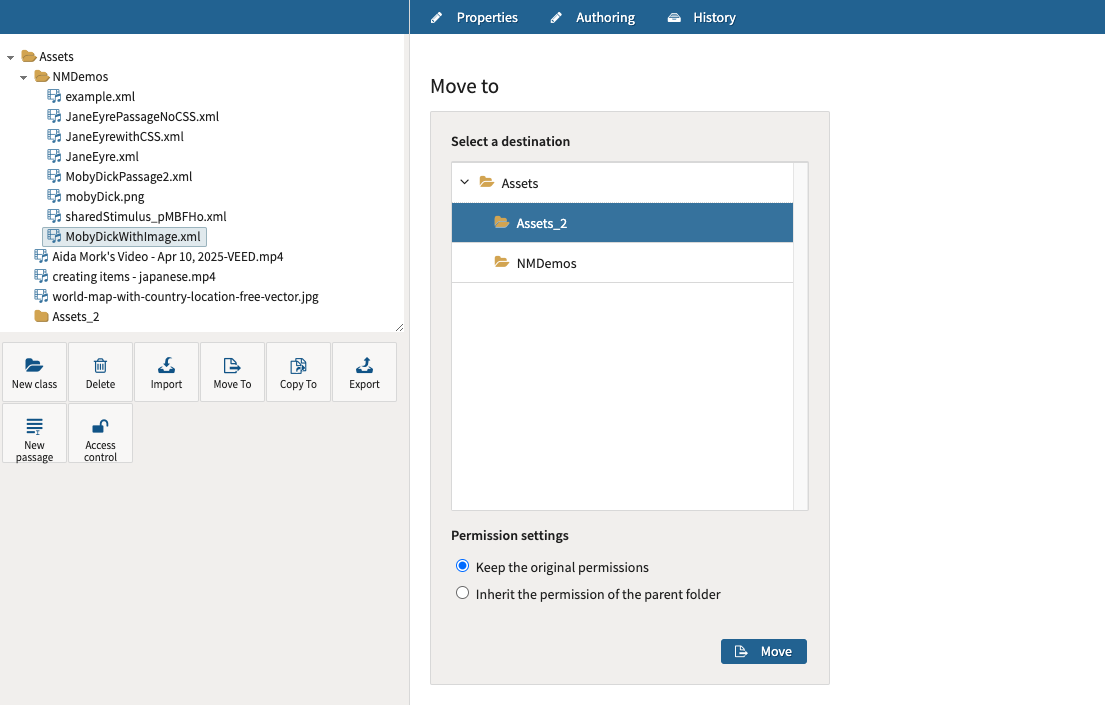 Moving assets in the Assets Library
